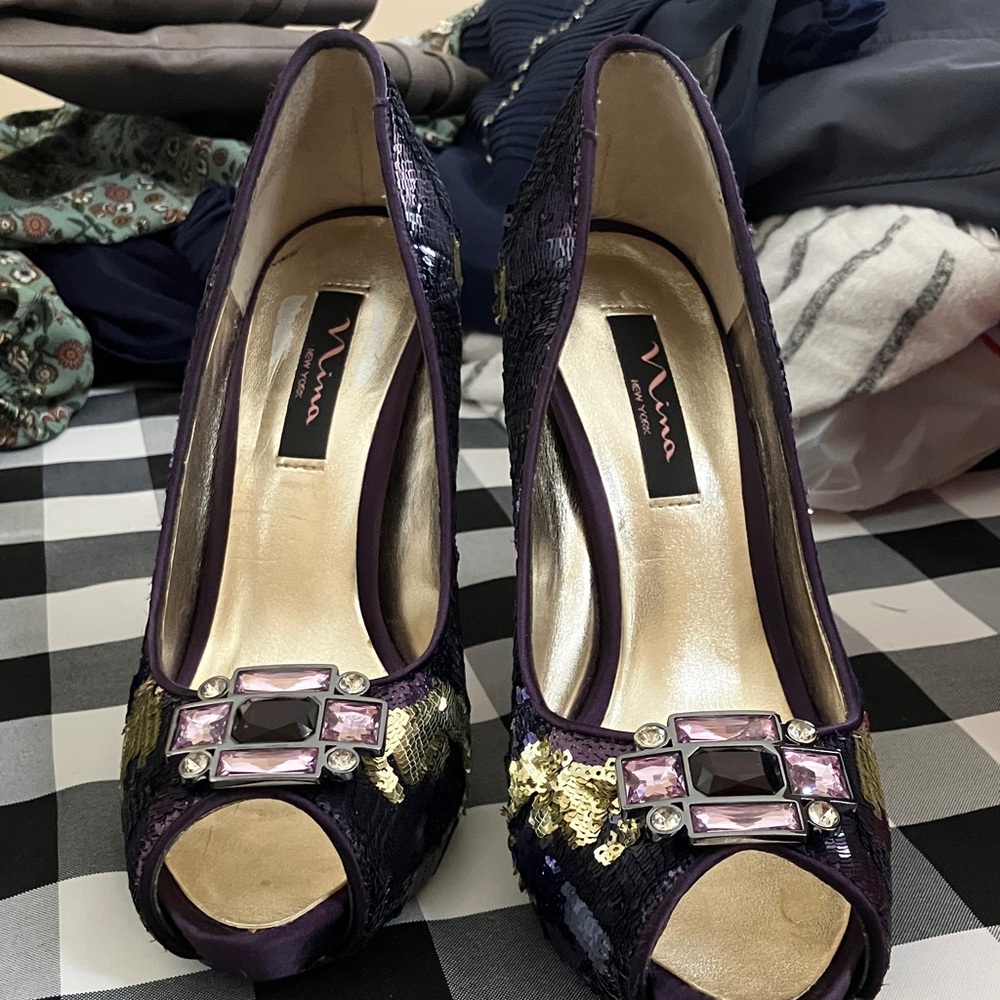 Nina Purple and Gold Sequin Peep Toe Heels